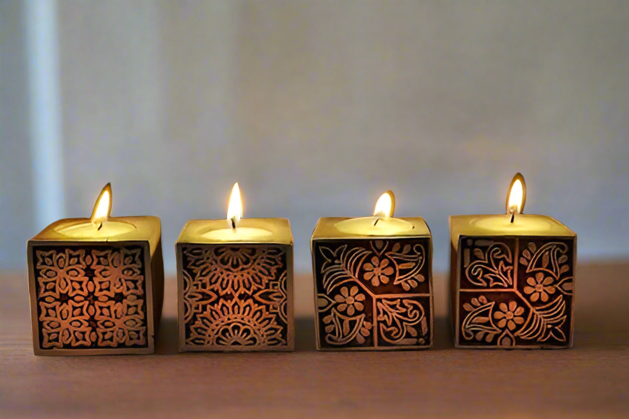 wooden square shape design tea light holder for diwali décor and gift item, set 10 pieces